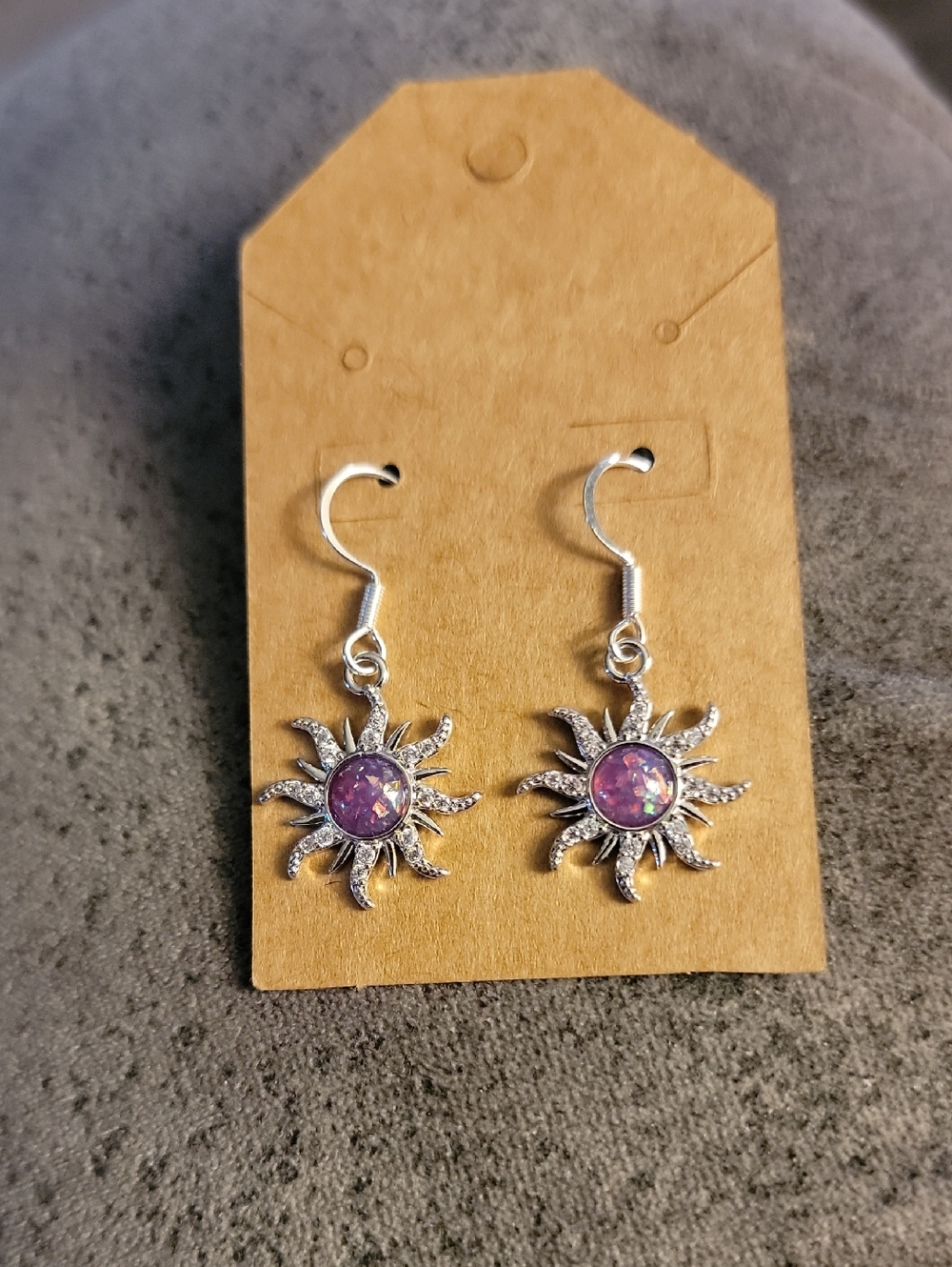 Handcrafted Starburst With Purple Stone And Clear Rhinestones Earrings